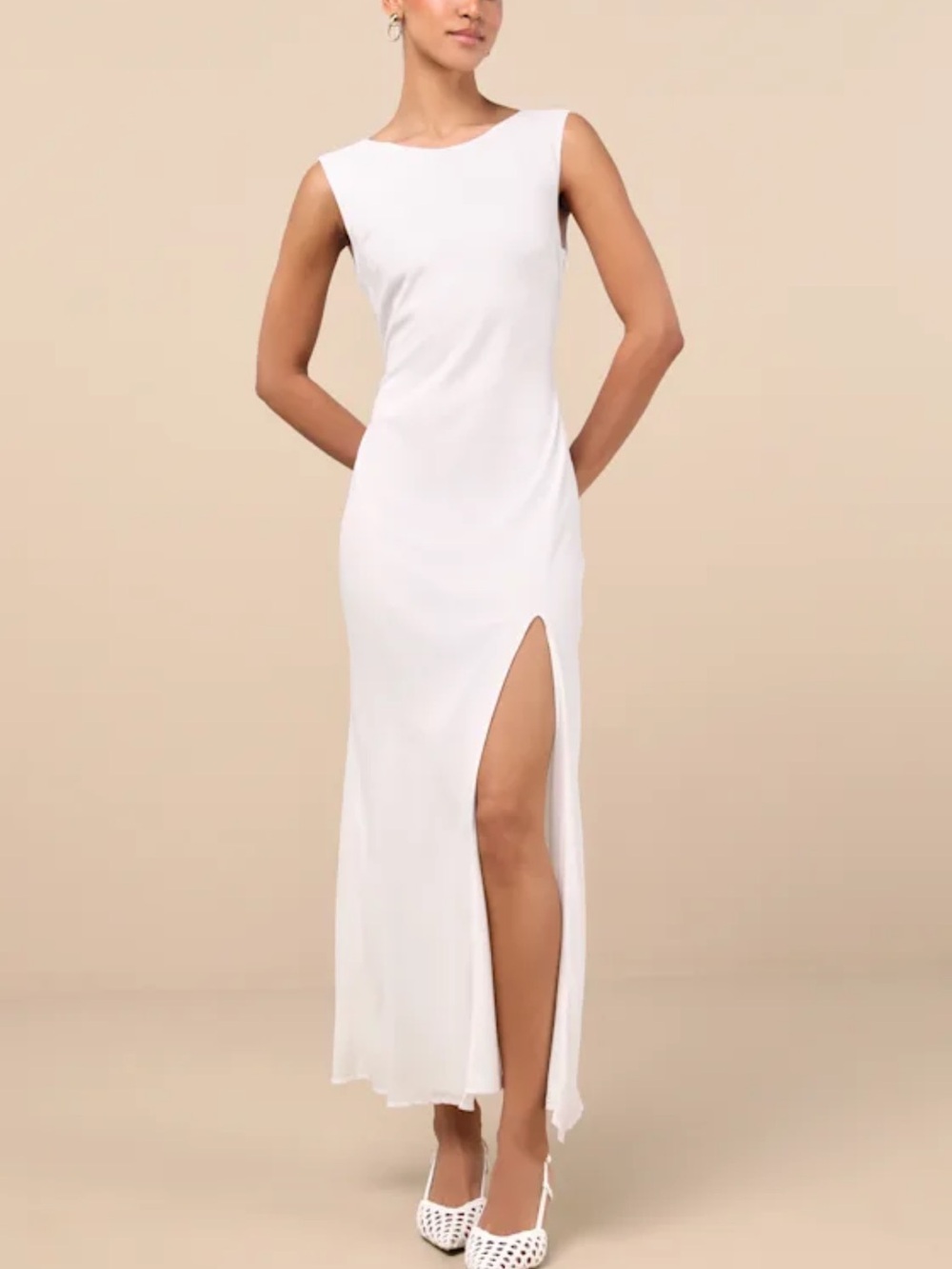 Lulus Yaneli White Boat Neck Cowl Back Maxi Dress - Size M